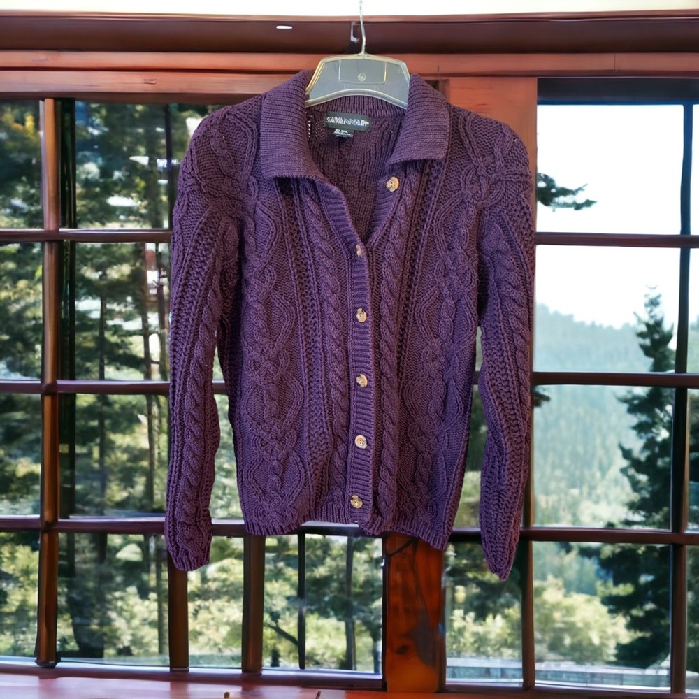 Savannah Heavy Cable Knit Button Down Cardigan Sweater Ladies Size Large Plum